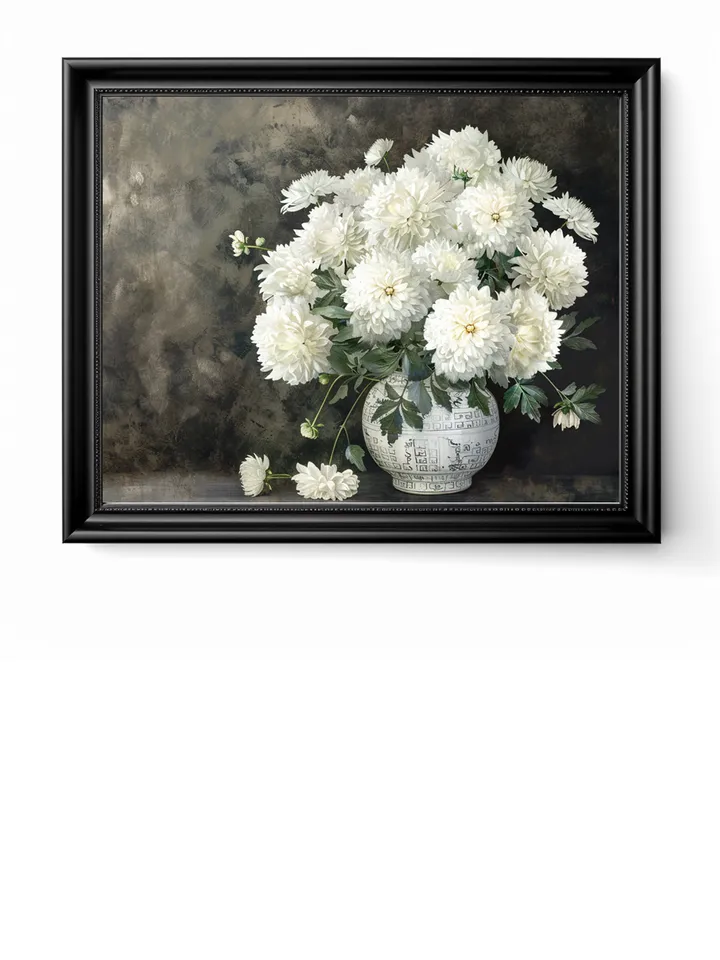 Bouquet of white chrysanthemum in a vase watercolor drawing, digital illustration, digital painting , wall art decoration. AI