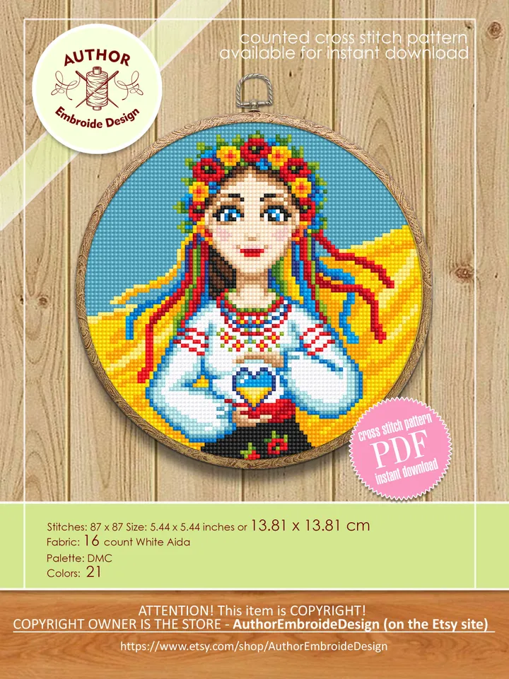 Ukrainian woman cross stitch pattern PDF Small ukrainian girl cross stitch Ukraine digital download Simple xstitch chart beginners #V15