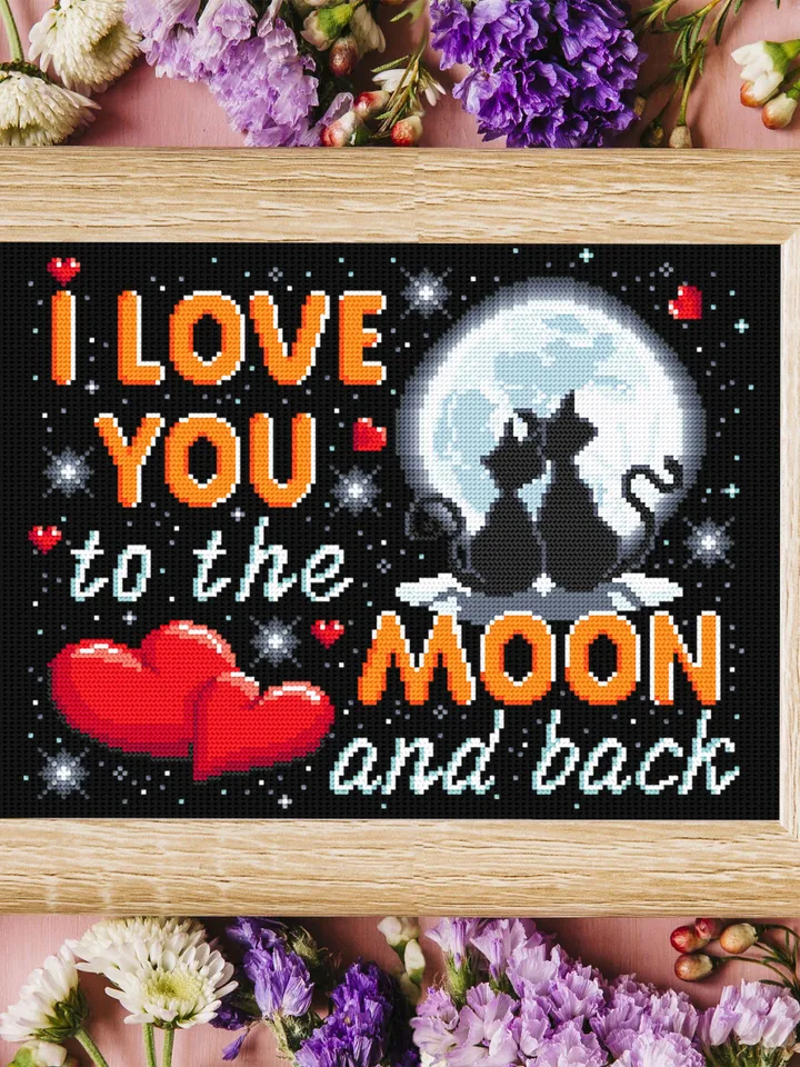 I love you to the moon and back cross stitch pattern download PDF Love lettering cross stitch chart, Starry night sky pattern Cute cats #V17