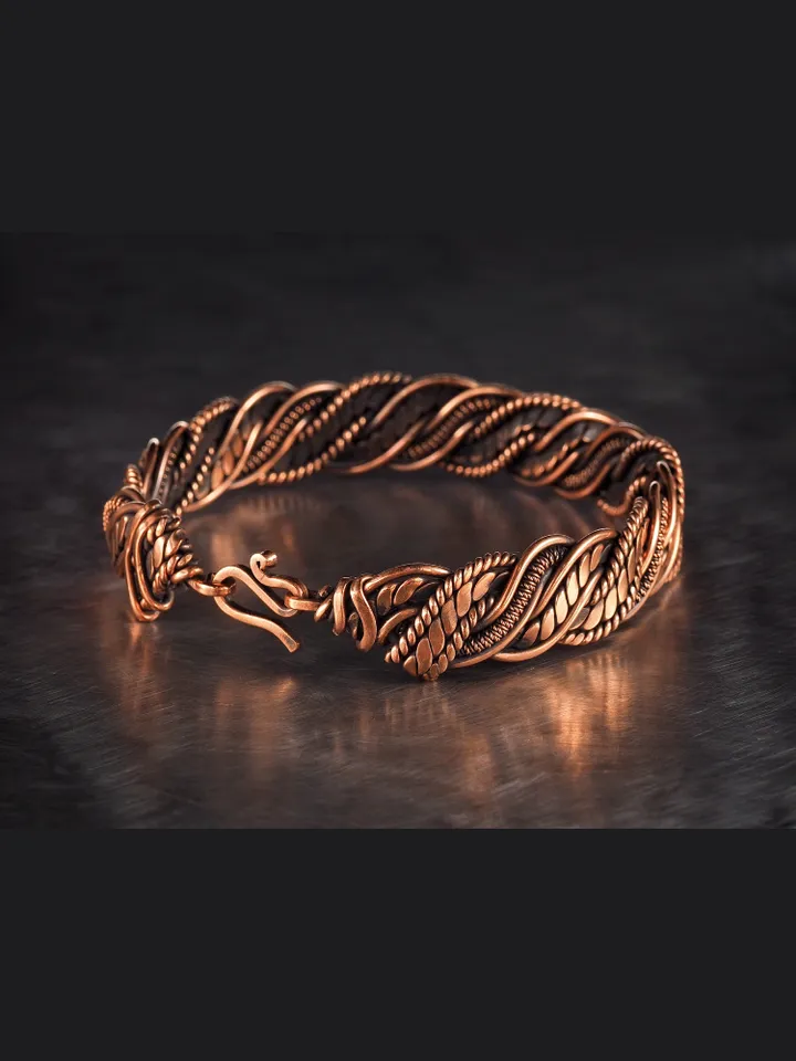 Wire wrapped bracelet, Unique 7th 22nd Anniversary gift idea, Art Nouveau antique style, One of kind braided statement bangle, Handmade oxidized pure copper jewelry, Pain relief, EMF protection