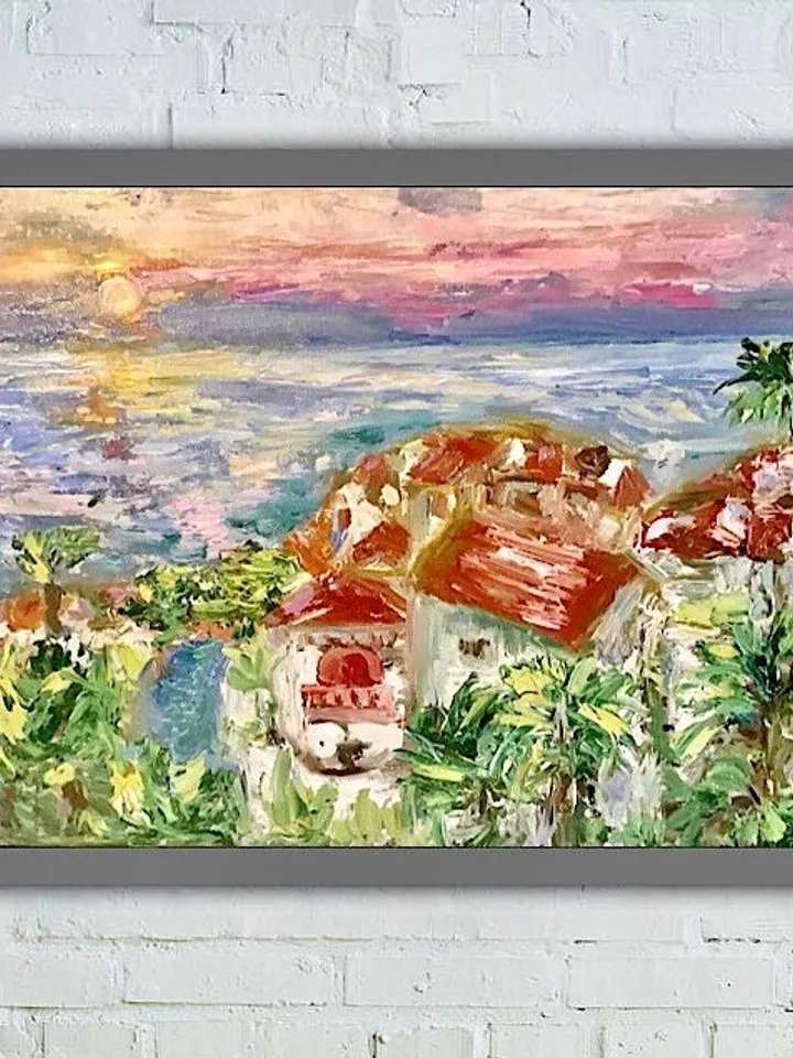 Canarian islands landscape painting,original oil impasto style canvas painting,seascape wall art,beautiful sunset painting