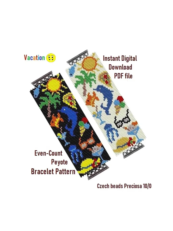 Flat Even Count Peyote Stitch Beading Patterns Cuff Bracelets, Miyuki Delica or Czech beads Preciosa, Instant Download