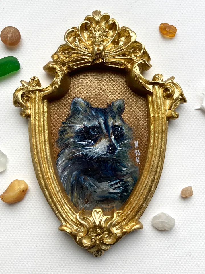 Raccoon Oil Painting Original In Vintage Style Frame Small Framed Animals Wildlife Art Arch Frame