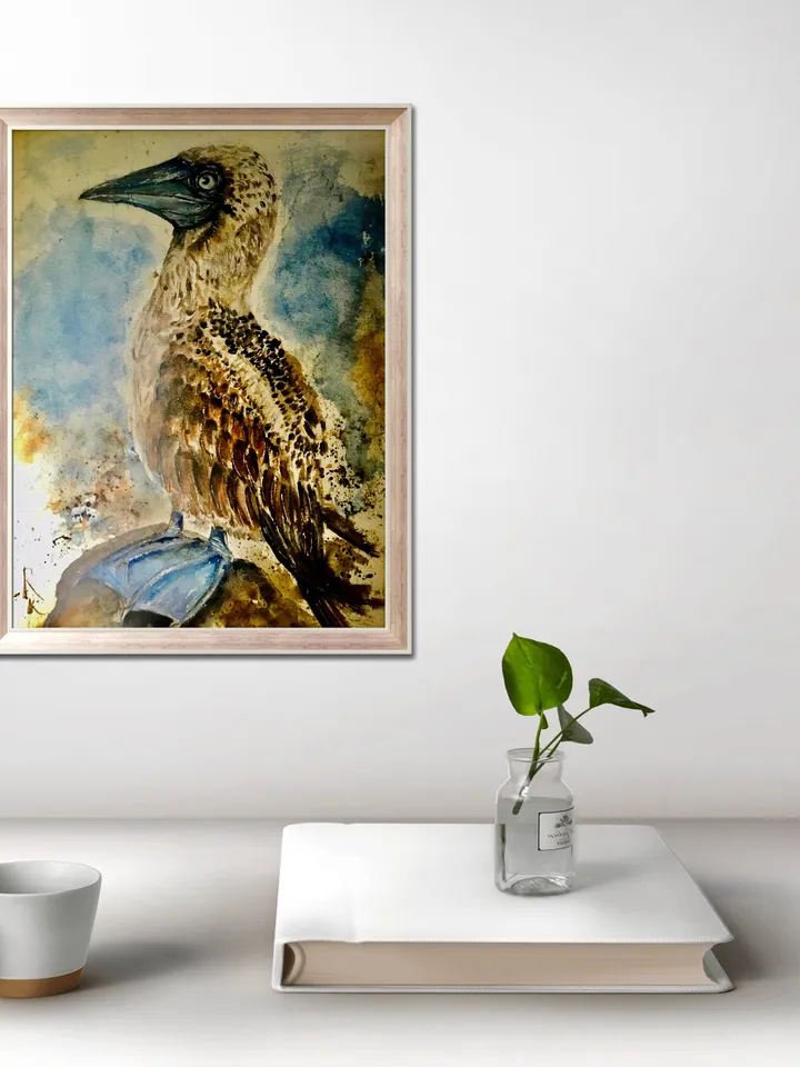Blue footed booby original watercolour painting,exotic birds painting,birds wall decoration,interier design,unique handmade gifts.