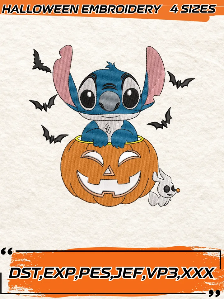 Stitch in Pumpkin and Zero Embroidery Design, Halloween Embroidery Design, 4 Sizes, Digital Download