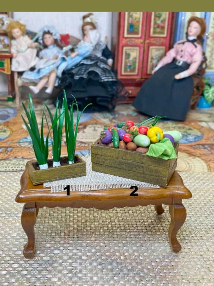 Garden accessories for dollhouse. Onions in a tray. Vegetables in a box. Dollhouse miniature.