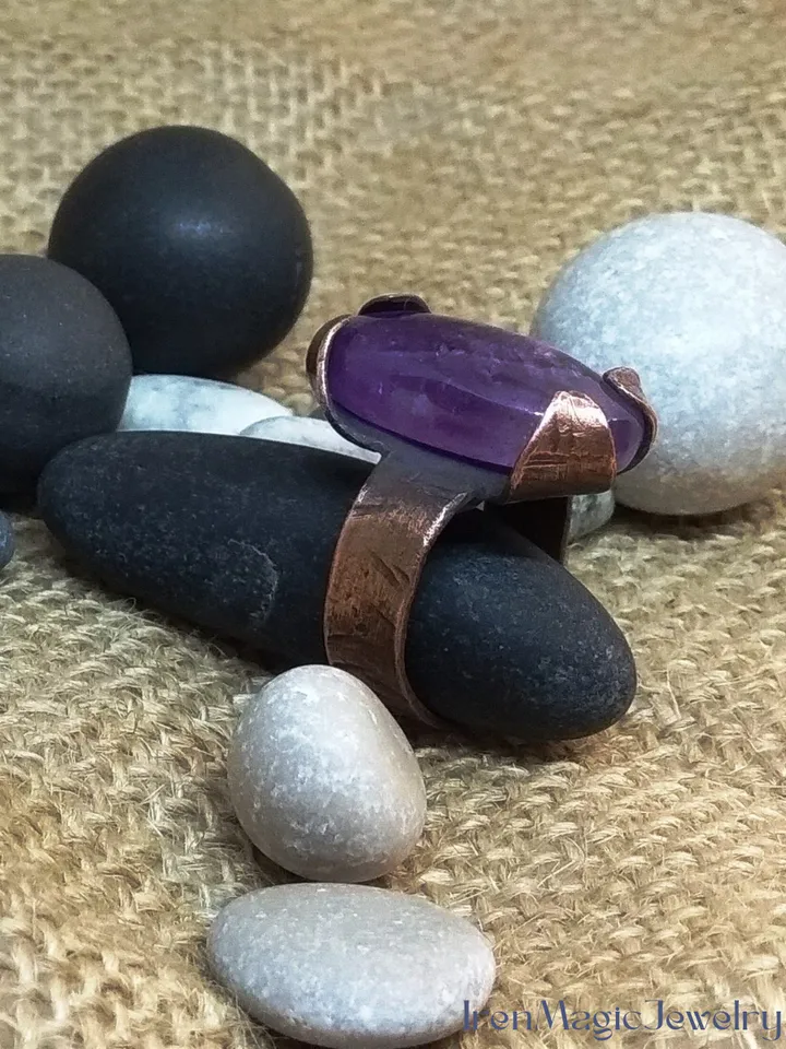 Copper Amethyst Oval Ring Boho Tribal Handmade