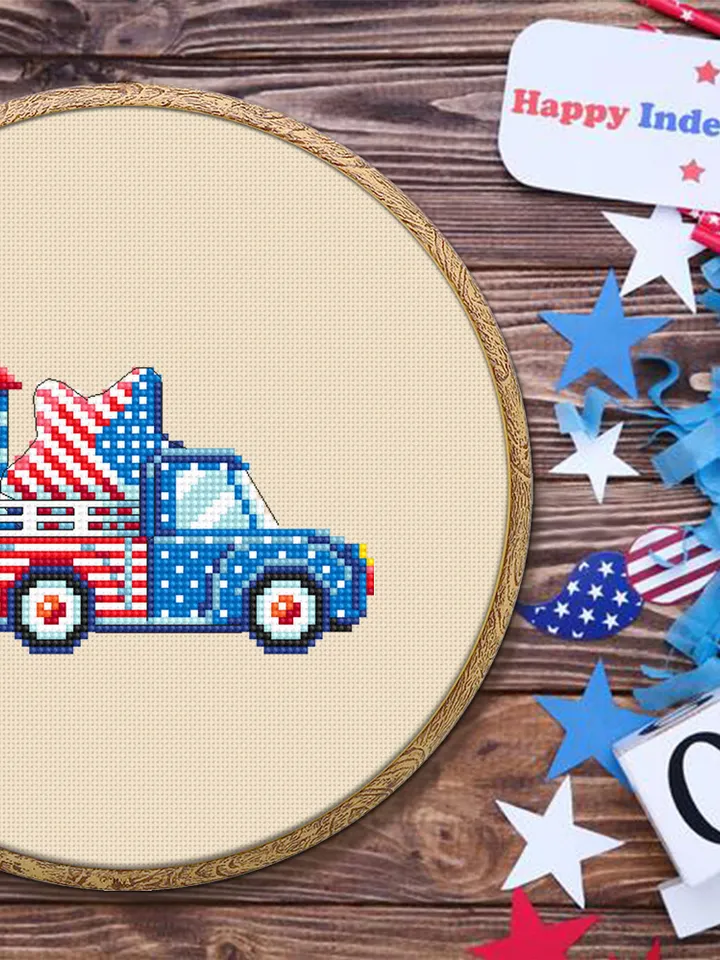 Patriotic retro truck cross stitch pattern PDF download Independence Day cross stitch 4th of july truck American flag Stars and stripes #T34