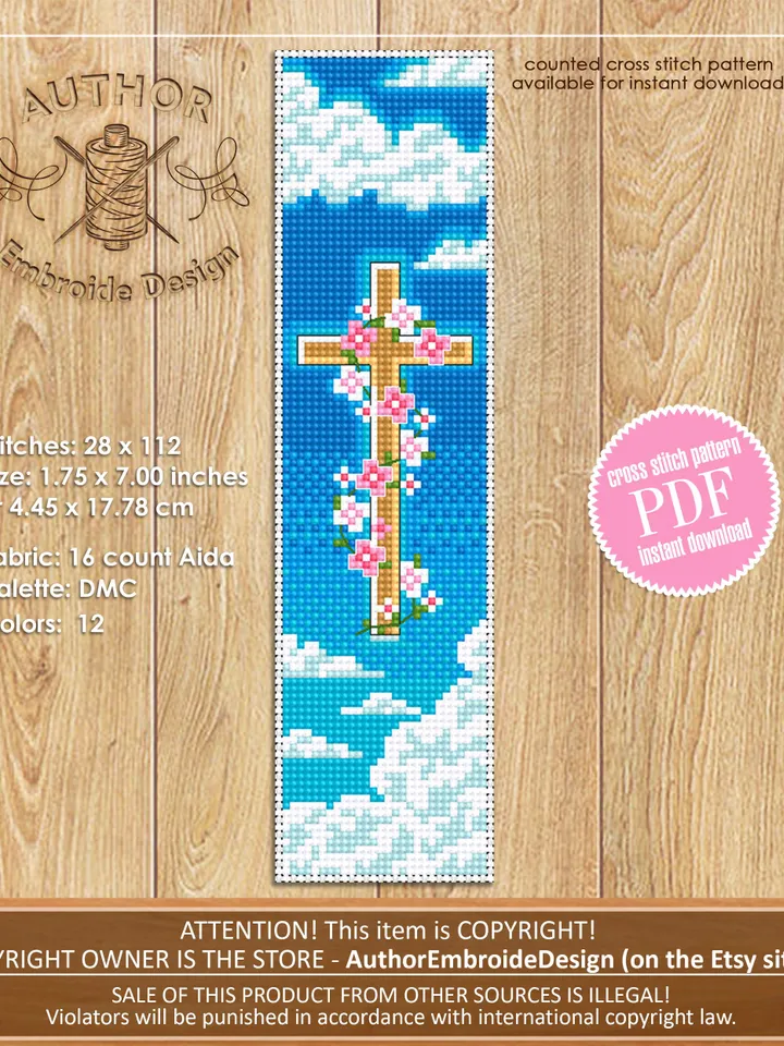 Christian bookmark cross stitch pattern PDF download Holy cross with flowers cross stitch chart, Bible bookmark pattern digital PDF #B444