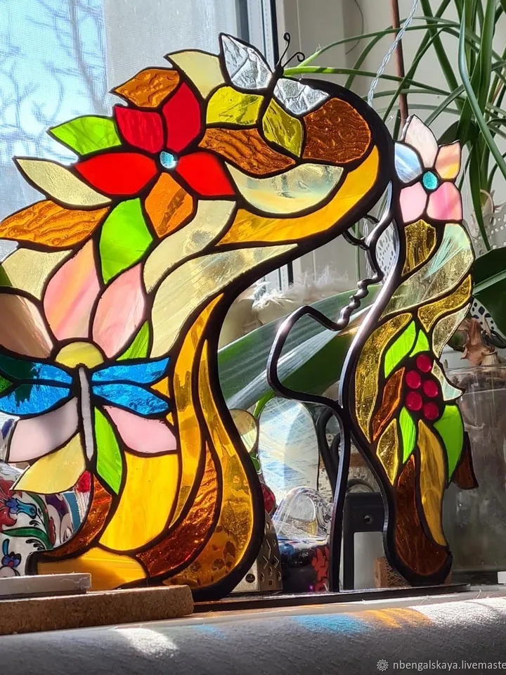Girl with a Magical World, Stained Glass on Stand "Girl with a Magical World", Stained Glass with the Girl and Her Enchanted World, Stained Glass "The Girl and Her Magical Fantasy", Stained Glass Featuring the Girl's Wonderland, Stained Glass Depicting a