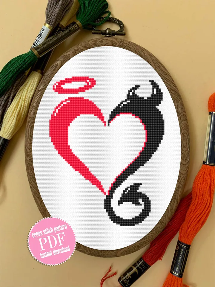 Heart cross stitch pattern download PDF Funny Valentine stitch, Heart ornament cross stitch chart, Angel and demon pattern PDF #T12