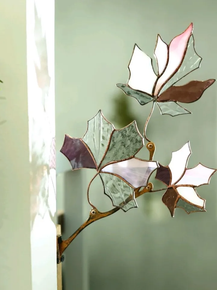Maple Twig. Tiffany-Style Stained Glass, Tiffany Stained Glass Maple Branch, Decorative Maple Leaf Branch in Tiffany Style, Tiffany-Style Stained Glass Maple Leaf Composition, Handmade Maple Branch in Tiffany Technique