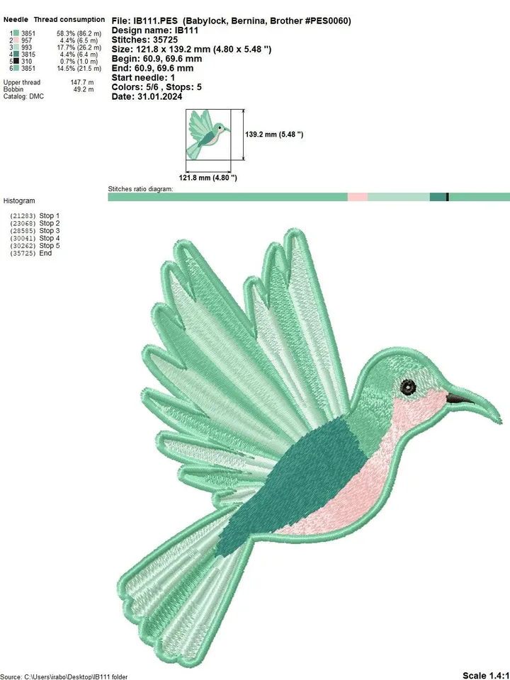 Machine embroidery design FSL Bird Brooch and Embroidered Сage