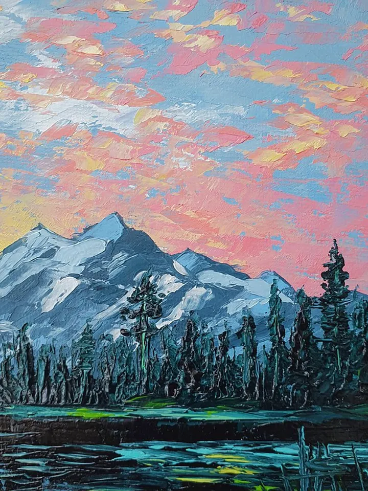 Mountain Painting Lake Original Art Sunset Artwork Landscape Impasto Painting