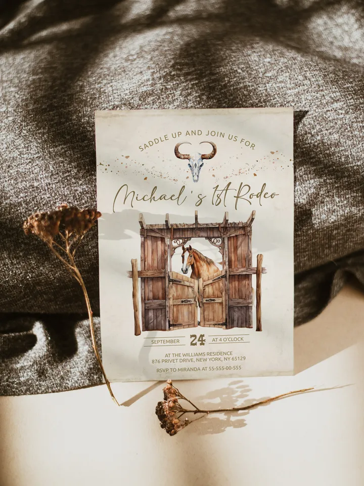 First Rodeo Wild West Birthday Invitation template; Wild West My First Rodeo Bday Western Invite ; Our Little Cowboy is One; Cowboy fr12
