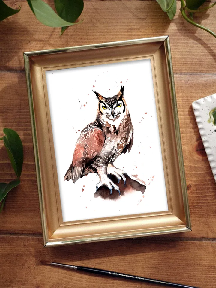 Owl Original watercolor, bird painting, wall decor, birds lover gift, 8x11 in handmade art by Anne Gorywine