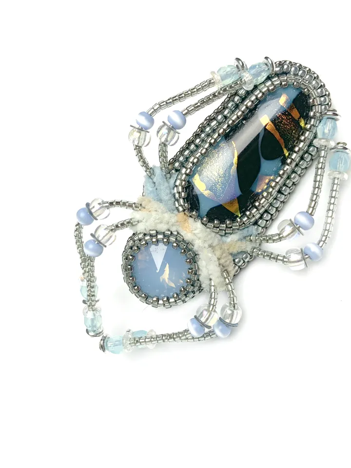Light blue spider brooch, Beaded insect brooch