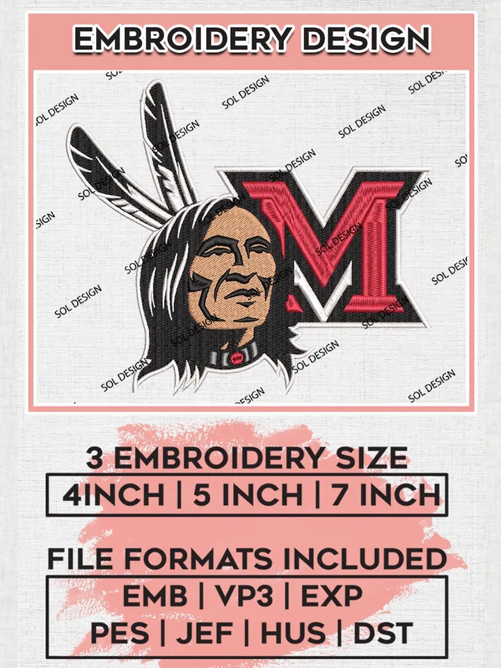 NCAA Miami OH RedHawks Team Head Logo Embroidery Design Files, NCAA Miami OH RedHawks Machine Embroidery, NCAA Teams, 3 sizes, NCAA Machine embroidery designs, Digital Download