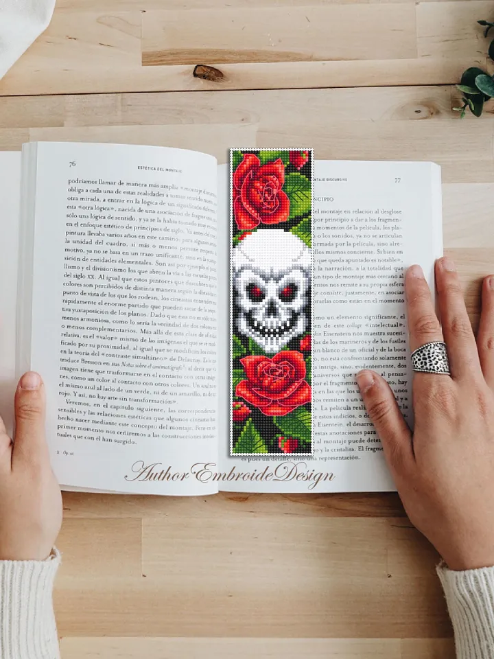 Gothic bookmark cross stitch pattern PDF download Skull and roses cross stitch chart, Bookmark pattern digital PDF, Red flowers #B372