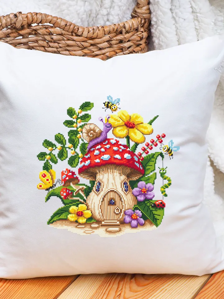 Magic mushroom house cross stitch pattern PDF download Fairy mushroom cross stitch chart, Summer flowers, Fly agaric Amanita, Butterfly #L66