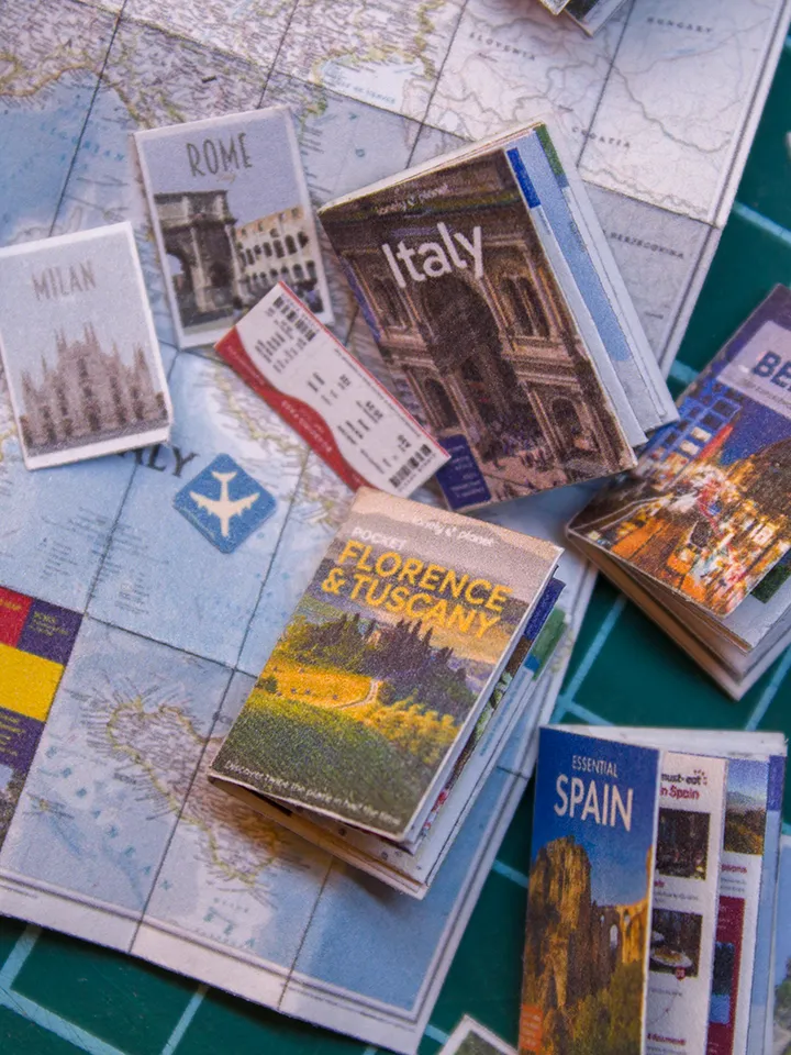 TEMPLATE 3 sheets of miniature travel booklets, maps, postcards, stickers