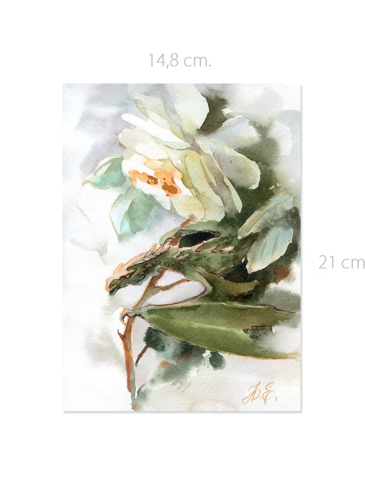 White rose dragon Watercolor painting Original fantasy art by Yulia Evsyukova
