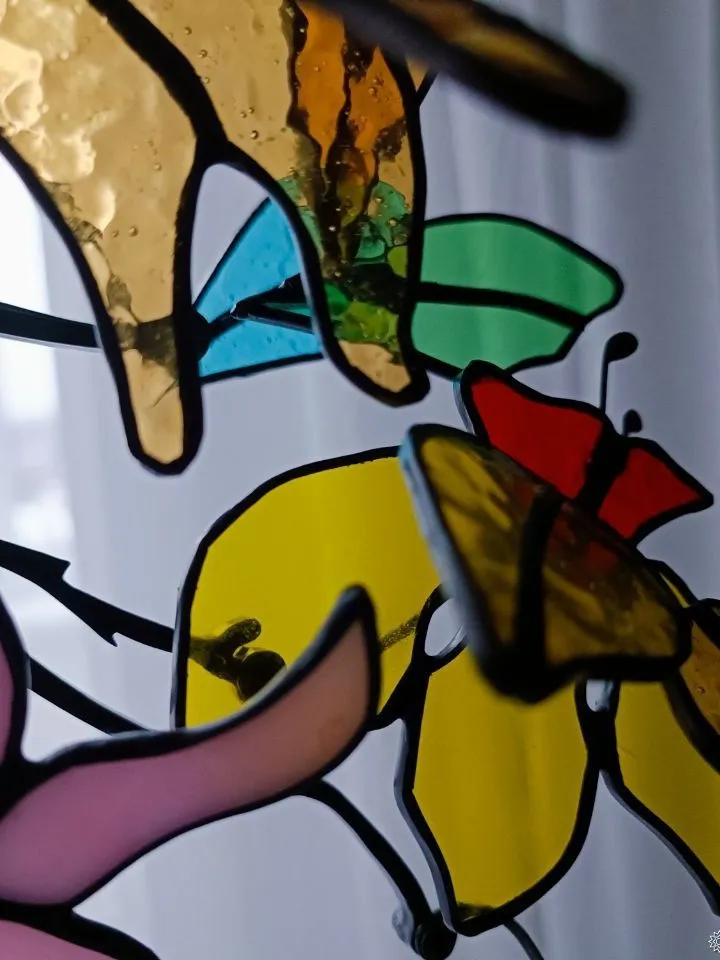 Large 3D Stained Glass Branch with Beaded Garlands, Large 3D Branch with Glass Bead Garlands, Large 3D Stained Glass Branch with Beaded Garlands, Artistic Glass Flower Stem with Beads, Fantasy-Inspired 3D Floral Glass Sculpture, Handcrafted Stained Glass