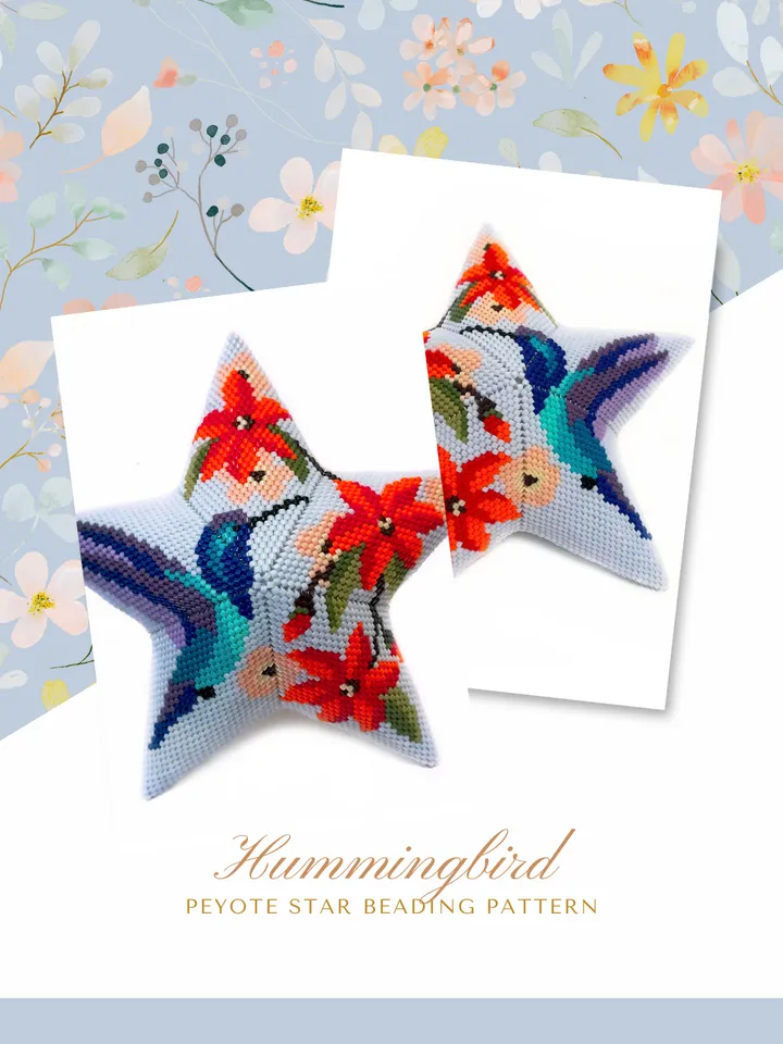 Hummingbird with Exotic Flowers, 3D Peyote Star Beading Pattern, Seed Beads Bird Ornament, Beadwork PDF Pattern