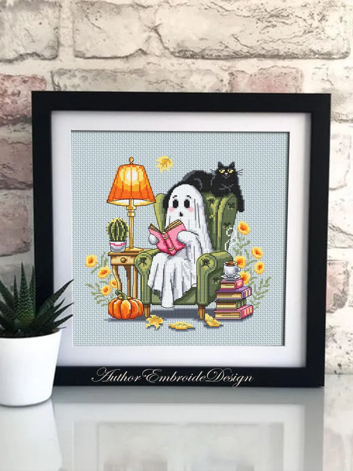 Reading ghost with black cat cross stitch pattern PDF download Cute ghost cross stitch chart, Halloween pattern digital PDF Fall leaves #H89