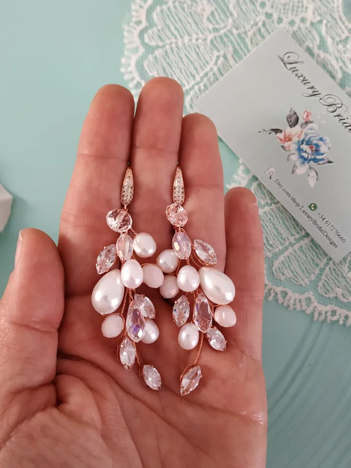 Diamond Rose Gold Wedding Earrings, Chandelier Statement Earrings, Floral Wedding Jewelry, Boho Wedding Earrings, Boho Bridal Earrings