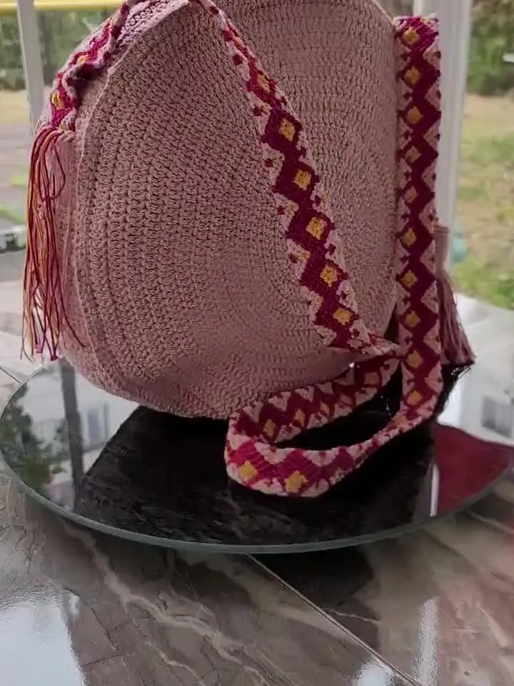 Round floral mandala Handmade pink bag Crochet festival bag Art to wear purse Unique crochet bag Macrame shoulder straps Crochet market bag