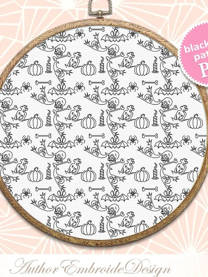 Halloween blackwork patterns Spooky seamless pattern, Backstitch repeating pattern Halloween embroidery download PDF Ghost, Spider, Bat #W22