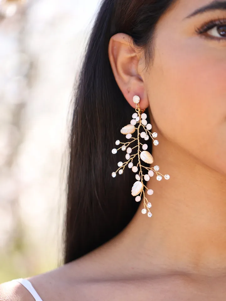 Opal Boho Wedding Earrings, Swarovski Crystal Long Bridal Earrings, Boho Bridal Earrings, Chandelier Statement Leaf Wedding Earrings Jewelry