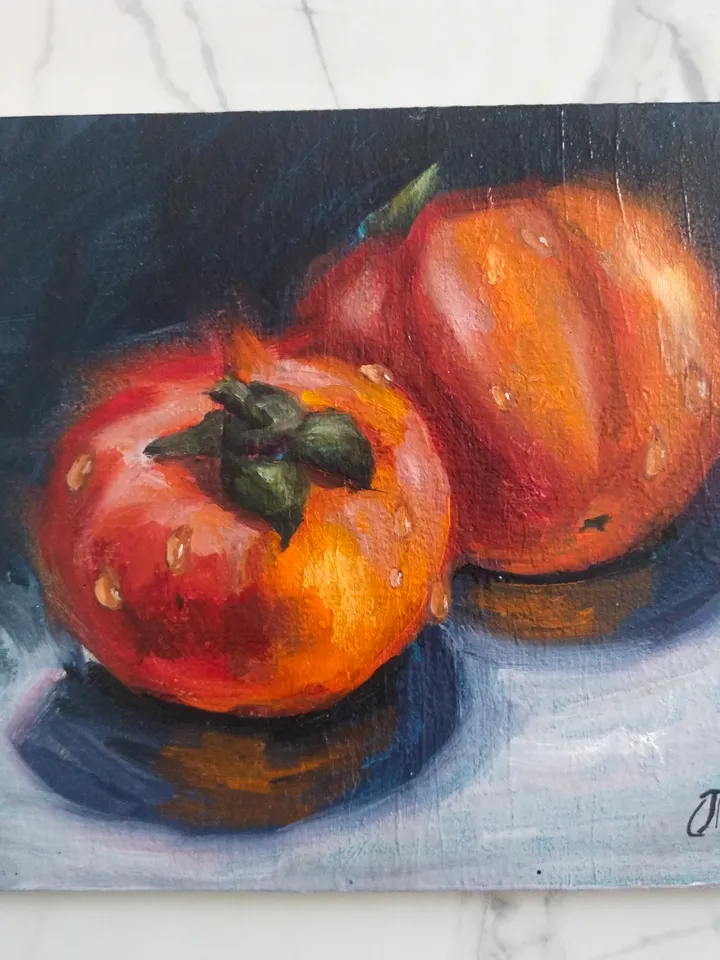 Original persimmon oil painting, Bright Fruit with water drops miniature art, Small fine art on panel