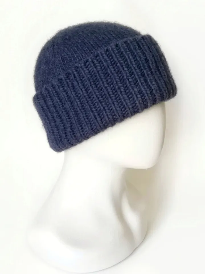 Handmade Alpaca Wool Seamless Blue Men's Winter Hat Warm and Cozy Handcrafted Knitwear, Fold-Up Cuff, Hand-Knit Beanie. FREE SHIPPING!
