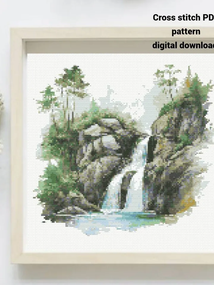 Forest Waterfalls cross stitch PDF pattern, Watercolor Forest waterfall embroidery design, Instant download