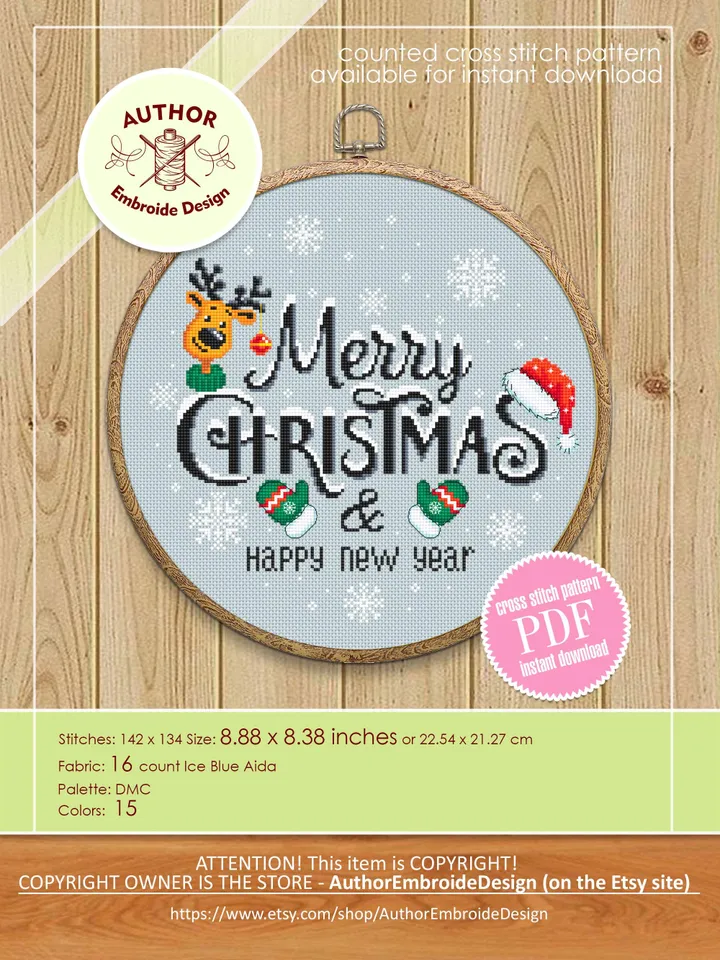 Merry Christmas cross stitch pattern PDF download Snow xmas cross stitch chart, Christmas pattern digital PDF, Happy New year design #N156