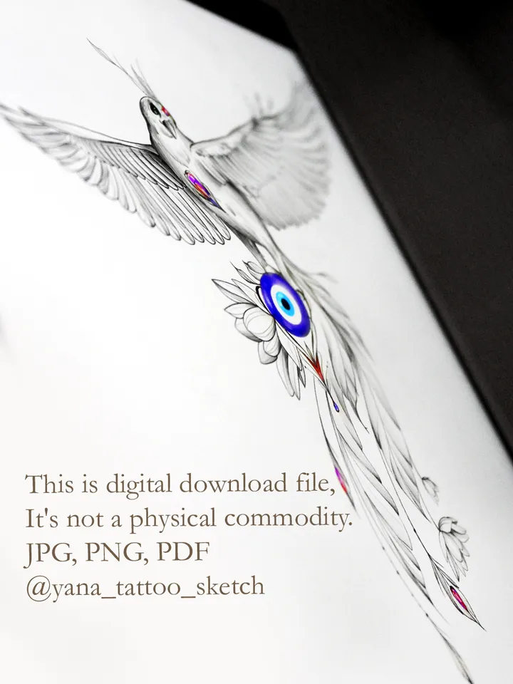 Evil Eye Tattoo Design Greek Evil Eye And Phoenix Tattoo Ideas Drawing, Instant download PDF, JPG, PNG