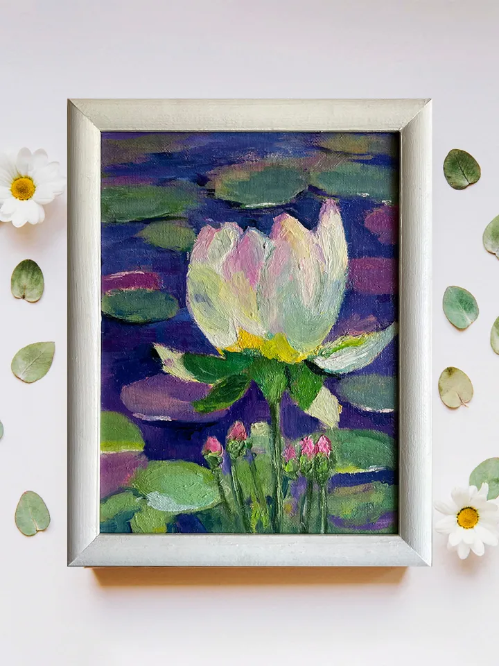 Water lily painting, original oil painting, framed flower painting, White lotus wall art