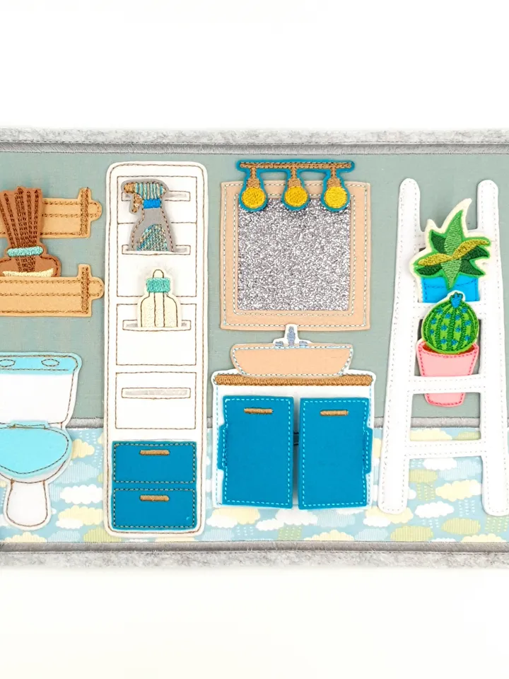 ITH Felt Dollhouse Bathroom Furniture Set | Miniature Toilet Cabinet Shelf Pattern | Embroidery Design 5x7 Hoop