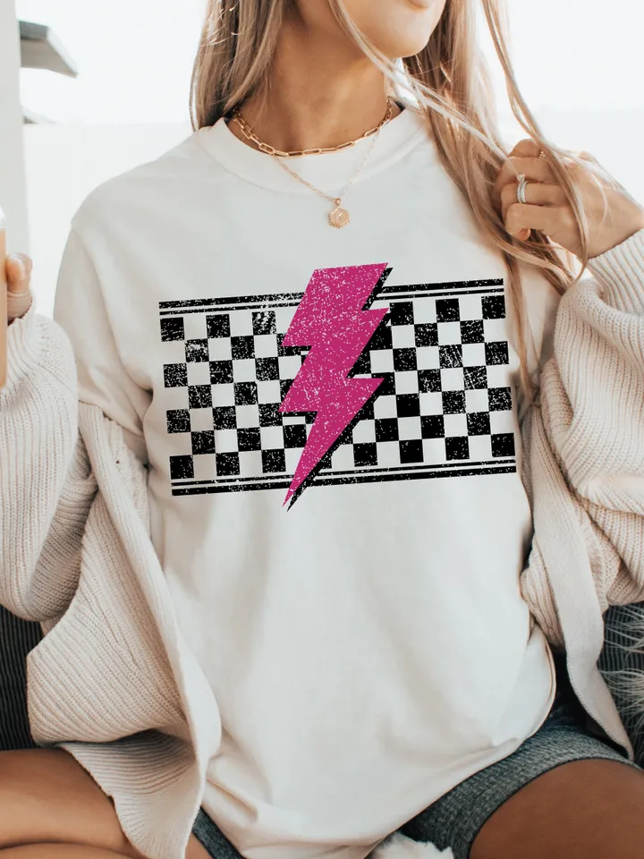 Grunge Checkered Lightning PNG, Distressed Lightning Bolt Design, Checkered Mom Life Png, Cool Mom PNG, Textured Checkerboard Sublimation