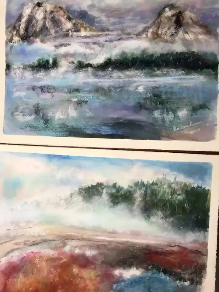 Grand Teton and Yellowstone national USA parks,landscape original watercolor painting,semi-abstract,nature painting,holiday memory gifts