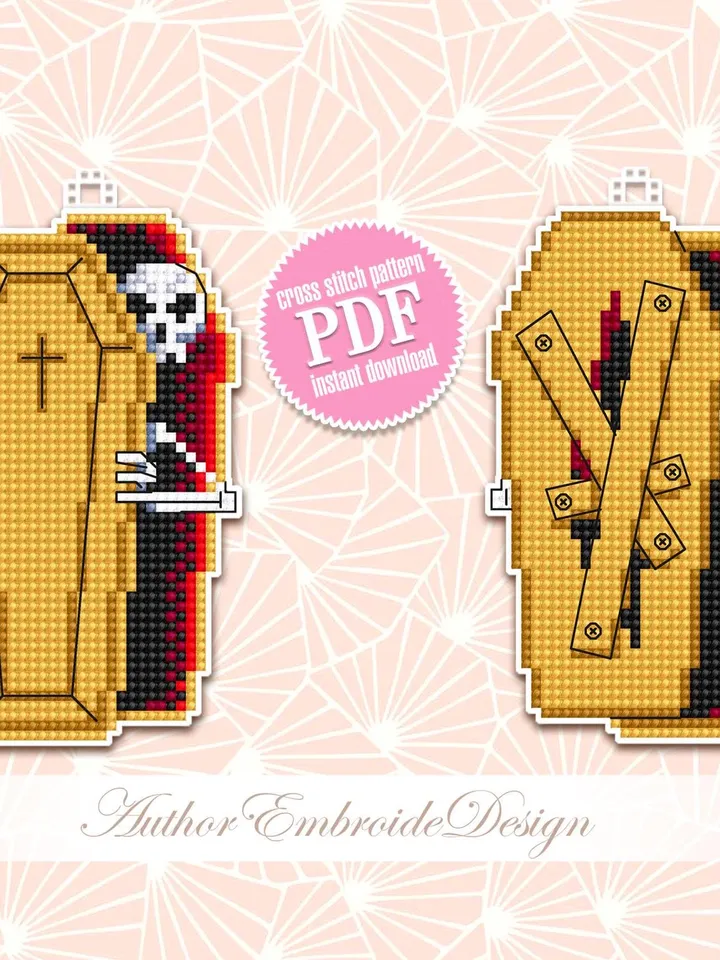 Skeleton in coffin cross stitch pattern PDF download Double-sided Halloween ornament cross stitch plastic canvas, Halloween tree decor #H74