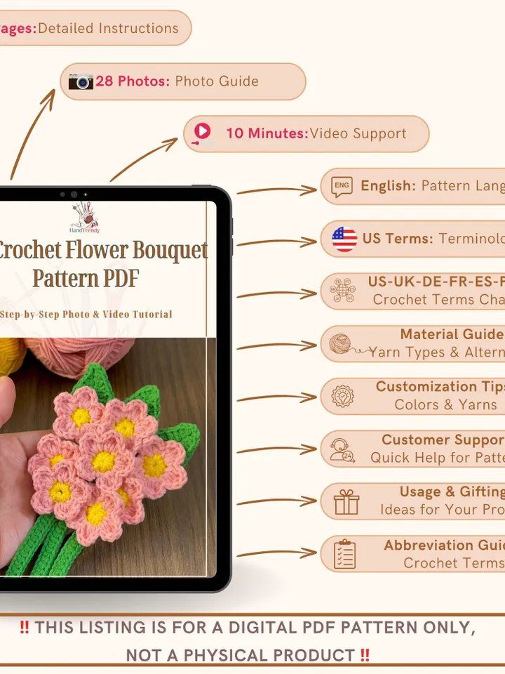 3D Crochet Flower Bouquet Pattern PDF, Realistic Floral Home Decor, Amigurumi Crochet Flowers DIY, Handmade Room Decoration