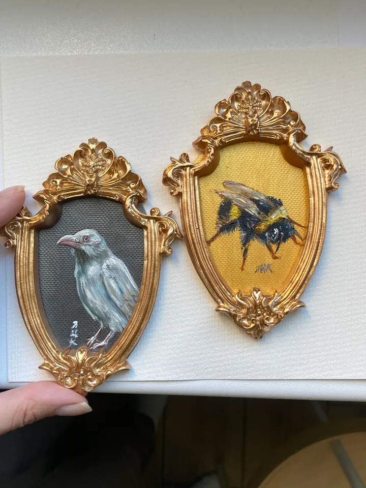 Framed Albino Raven Painting Small Original Witch’s Friend Artwork Crow Art Tiny Oil Painting Bird