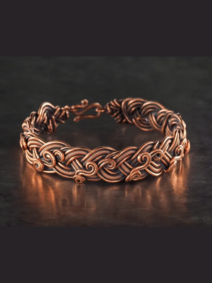 Copper bracelet for woman, Antique style, Handcrafted wire woven copper jewellery, One of kind braided statement bangle, Handmade oxidized pure copper jewelry, Pain relief, EMF protection