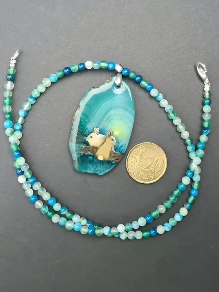 Necklace with two baby rabbit or hare Oil painting on green Agate pendant stone