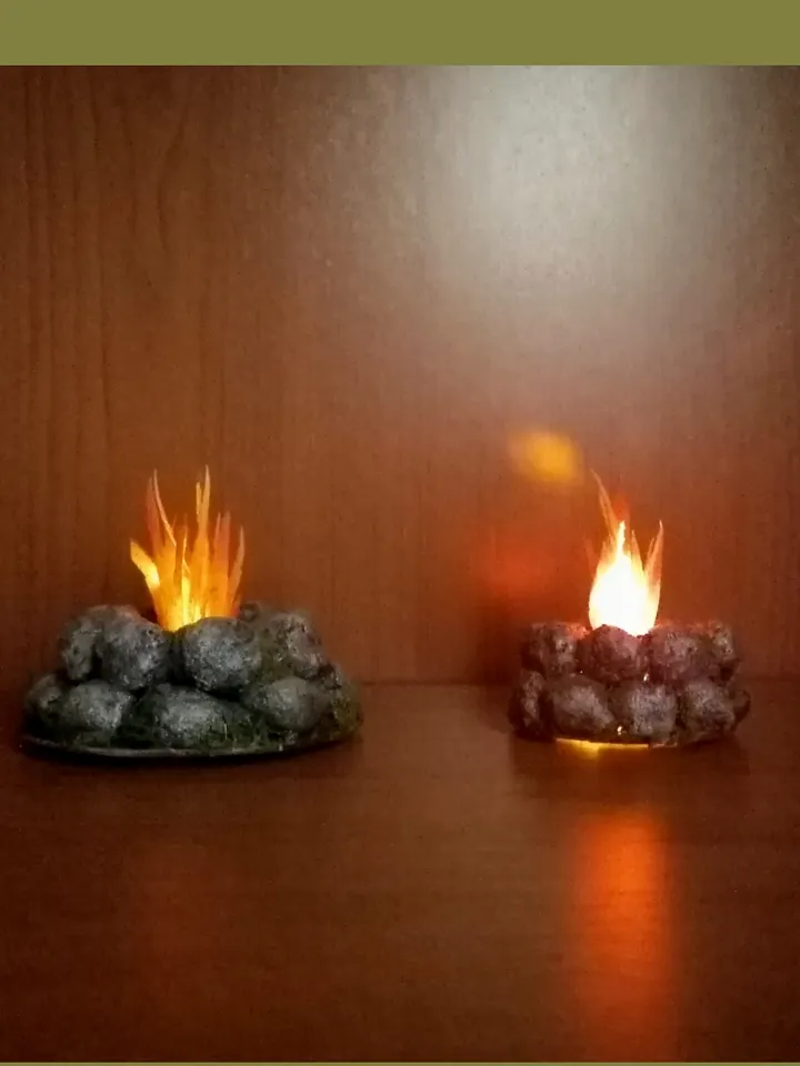 Bonfire with lighting. Dollhouse miniature 1:12. Realistic fire. LED candle. Fire for a doll's garden.