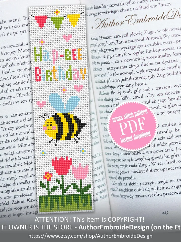 Birthday bookmark cross stitch pattern PDF download Funny bee cross stitch chart, Simple bookmark pattern digital PDF for beginners #B455
