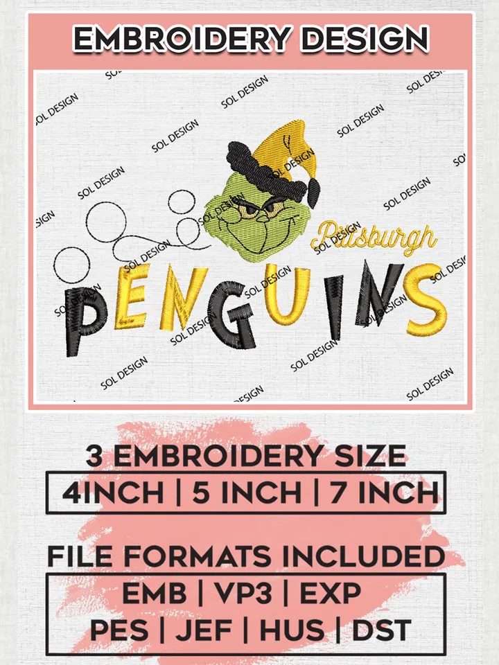Grinch Pittsburgh Penguins Embroidery Designs, Grinch Christmas Embroidery Files, NHL Penguins Machine Embroidery Designs, NHL Pittsburgh Penguins Logo, NHL Christmas Machine Embroidery Design, Digital Download